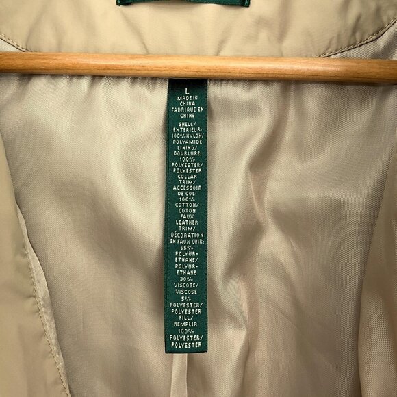 Ralph Lauren Diamond Quilted Barn Jacket Womens L Faux Leather Trim Birch Tan - Picture 13 of 16